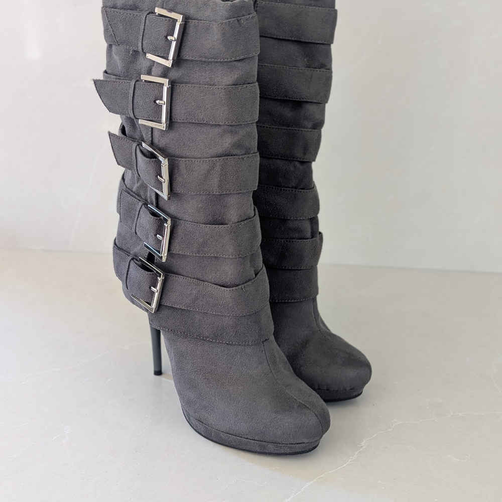 Michael Antonio Charcoal Heeled Boots with Buckle Accents - Picture 6 of 8